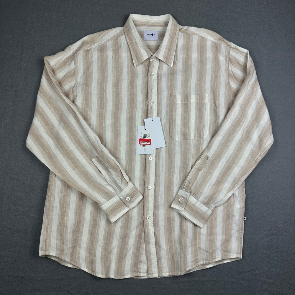 NN07 Deon Khaki Stripe Linen Button Down Shirt Mens XXL Long Sleeve Casual New